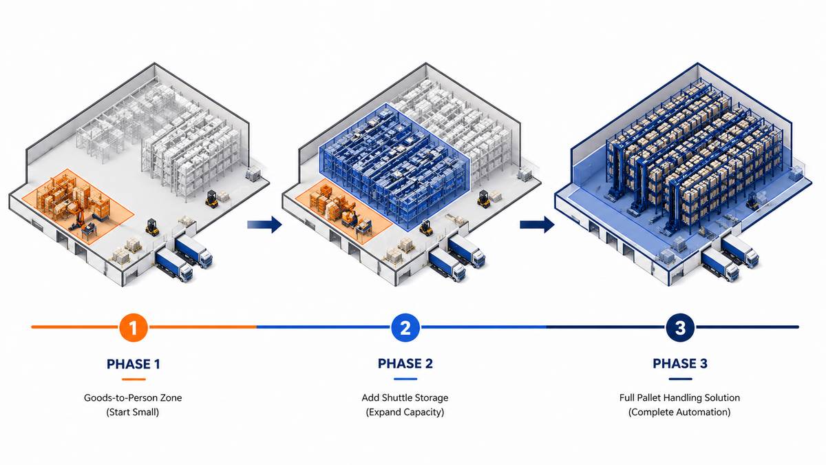 Phased ASRS implementation diagram showing progressive automation across warehouse zones