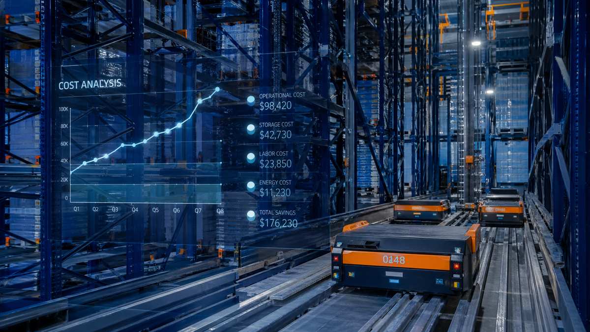 ASRS system cost breakdown showing automated warehouse with pricing analysis overlay