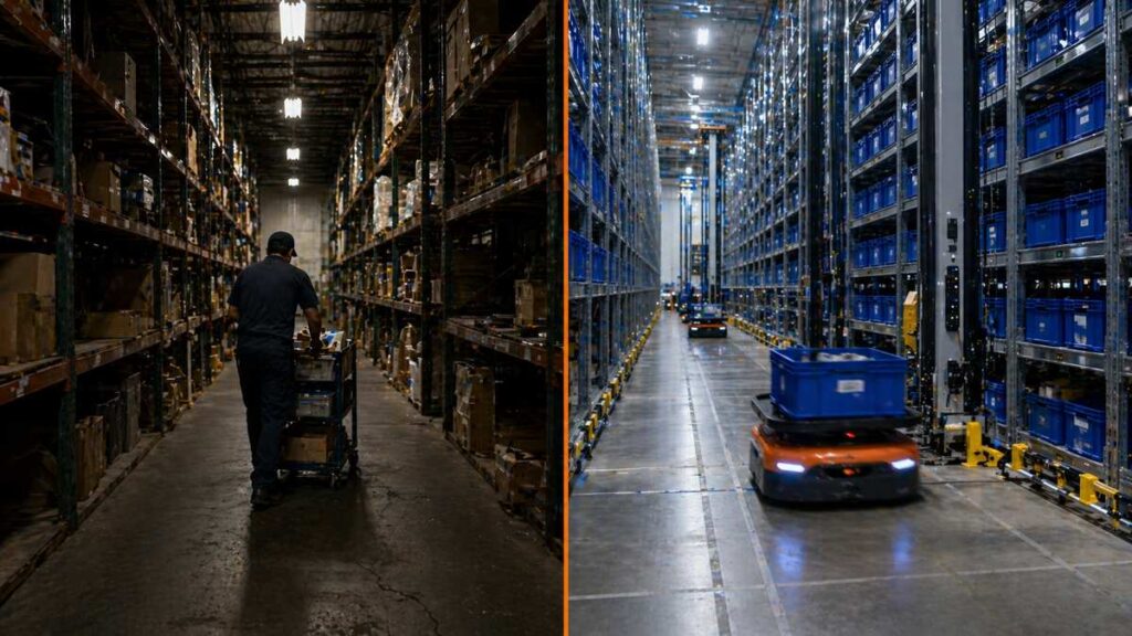 Side-by-side comparison of traditional manual warehouse and modern ASRS automated warehouse