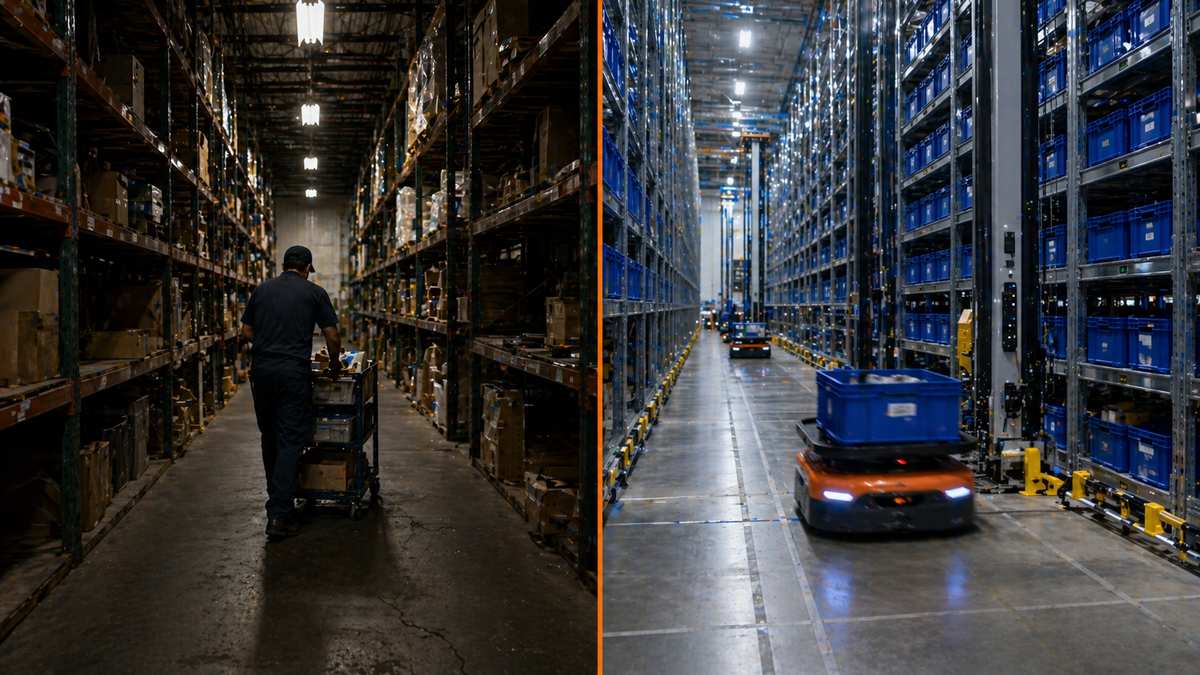 Side-by-side comparison of traditional manual warehouse and modern ASRS automated warehouse