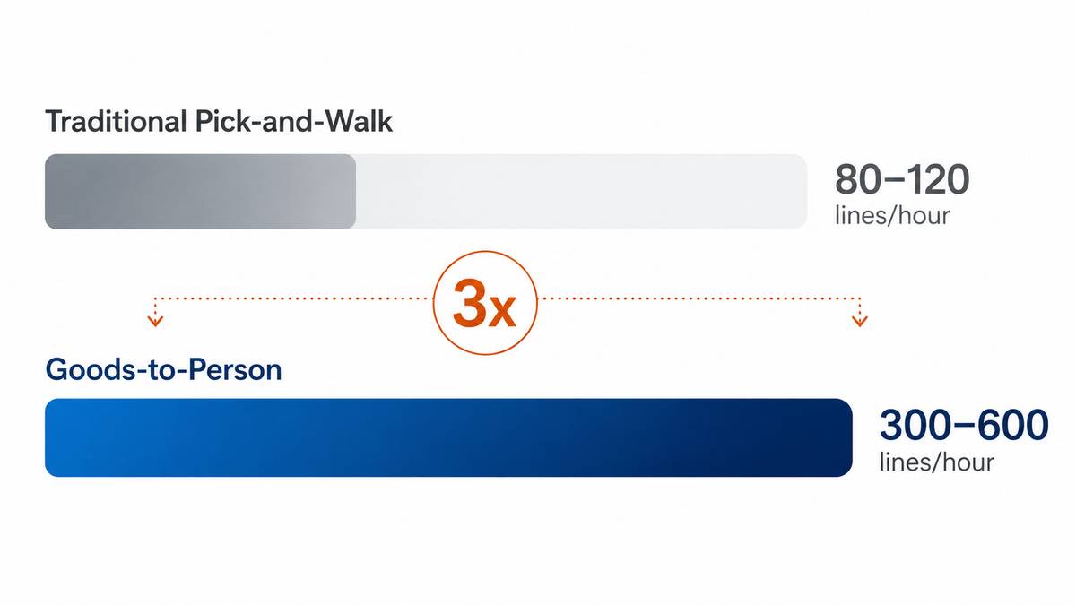 Goods-to-person vs traditional picking efficiency comparison showing 3x improvement