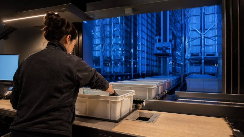 Goods-to-person picking station with automated tote delivery from ASRS