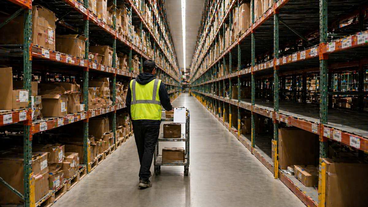 Manual warehouse picking operation with worker walking aisle with pick cart