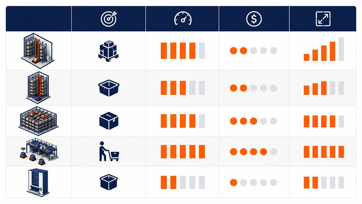 ASRS types comparison matrix showing throughput, cost, and scalability ratings