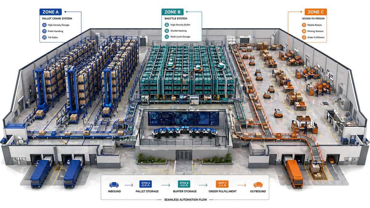 Hybrid ASRS deployment with multiple automation zones in warehouse