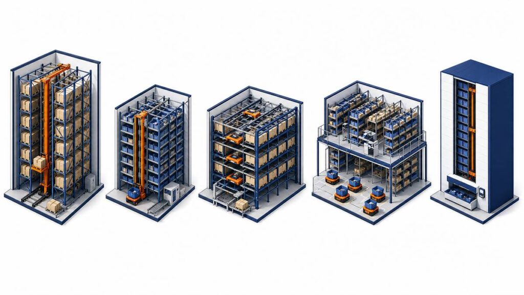 Five types of ASRS systems comparison showing unit load, mini load, shuttle, robotic, and VLM