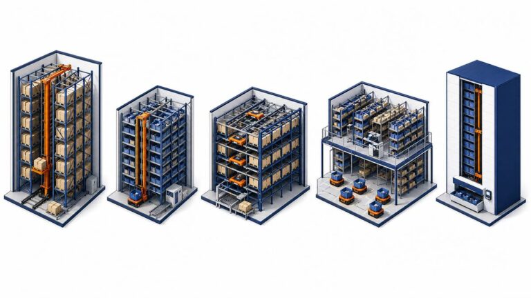 Five types of ASRS systems comparison showing unit load, mini load, shuttle, robotic, and VLM