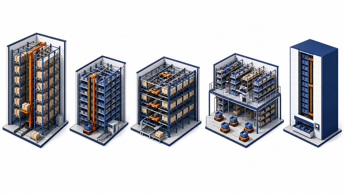 Five types of ASRS systems comparison showing unit load, mini load, shuttle, robotic, and VLM
