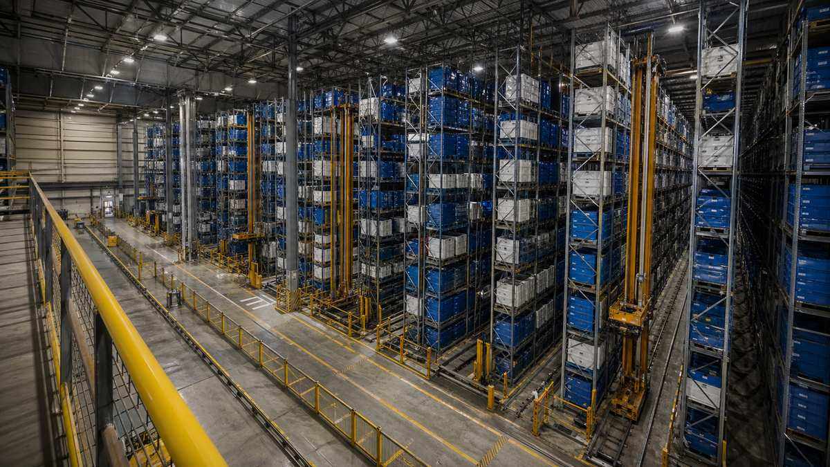 Automated storage and retrieval system warehouse with stacker cranes operating in narrow aisles