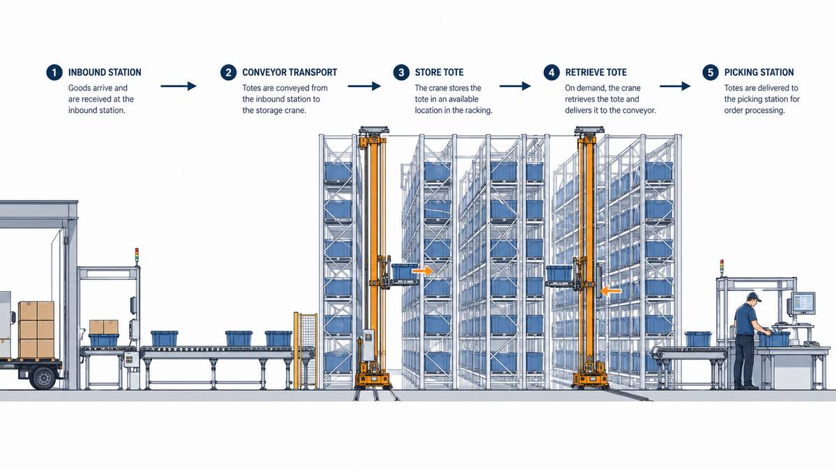 ASRS system workflow diagram showing storage, retrieval, and picking process