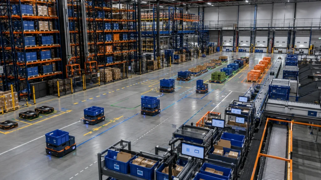 ASRS for 3PL Warehouse: Handling Multi-Client Complexity Modern 3PL warehouse using ASRS, AMR robots, conveyors, client-specific inventory zones, and goods-to-person picking stations
