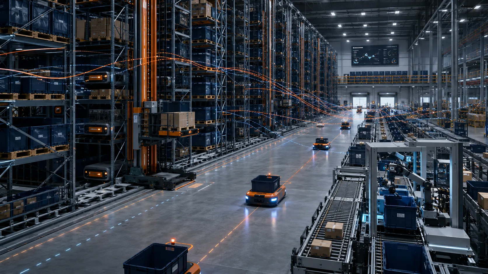 Modern ASRS warehouse with high-bay racks robots conveyors and goods-to-person stations showing automation benefits