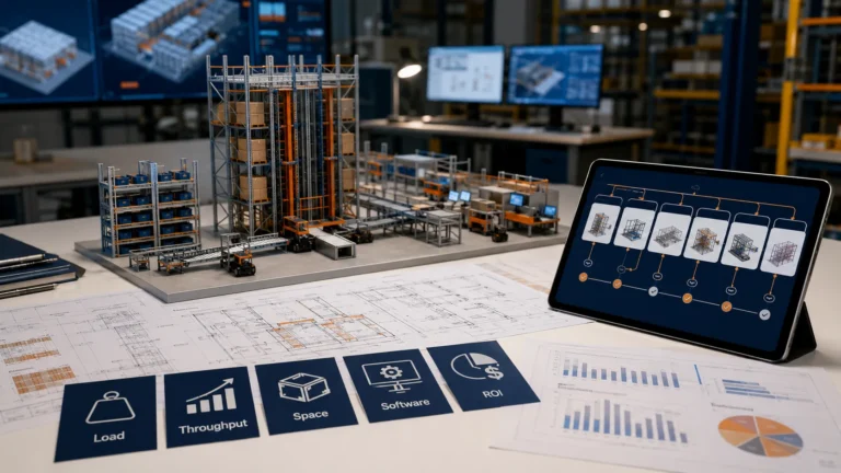 ASRS buyer decision framework showing warehouse data, system options, ROI, and integration paths