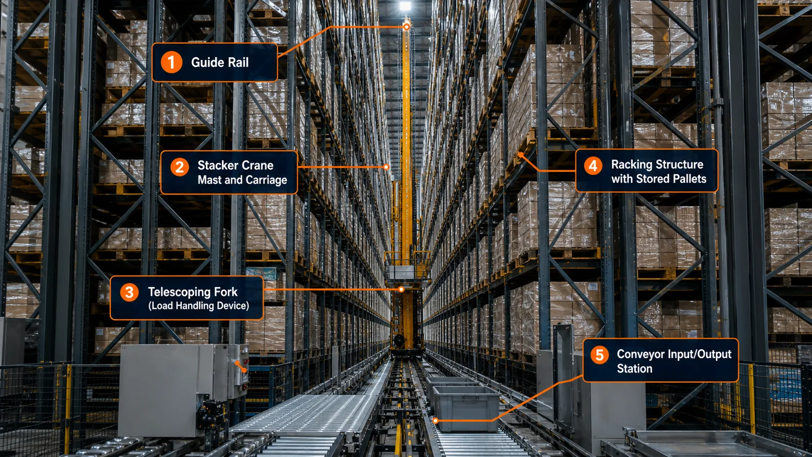 How Does an ASRS System Work? The Complete Breakdown Labeled diagram of ASRS system components including racking structure, stacker cranes, conveyors, and WES software