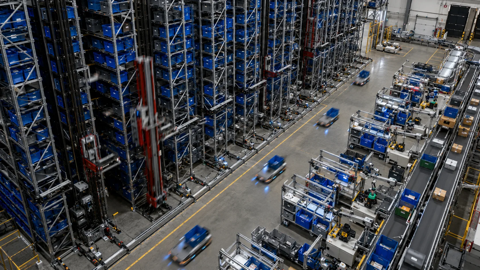 Aerial view of dense ASRS storage connected to robots goods-to-person picking stations and outbound conveyors