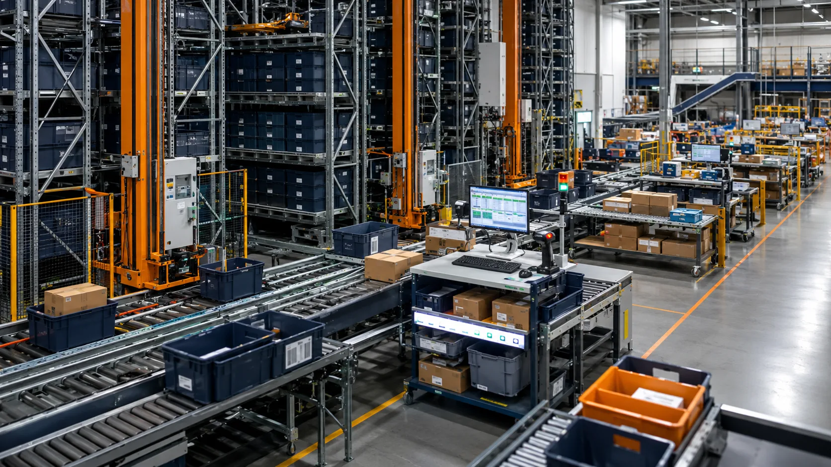 Modern e-commerce fulfillment center using ASRS shuttle storage conveyors goods-to-person stations and packing lanes