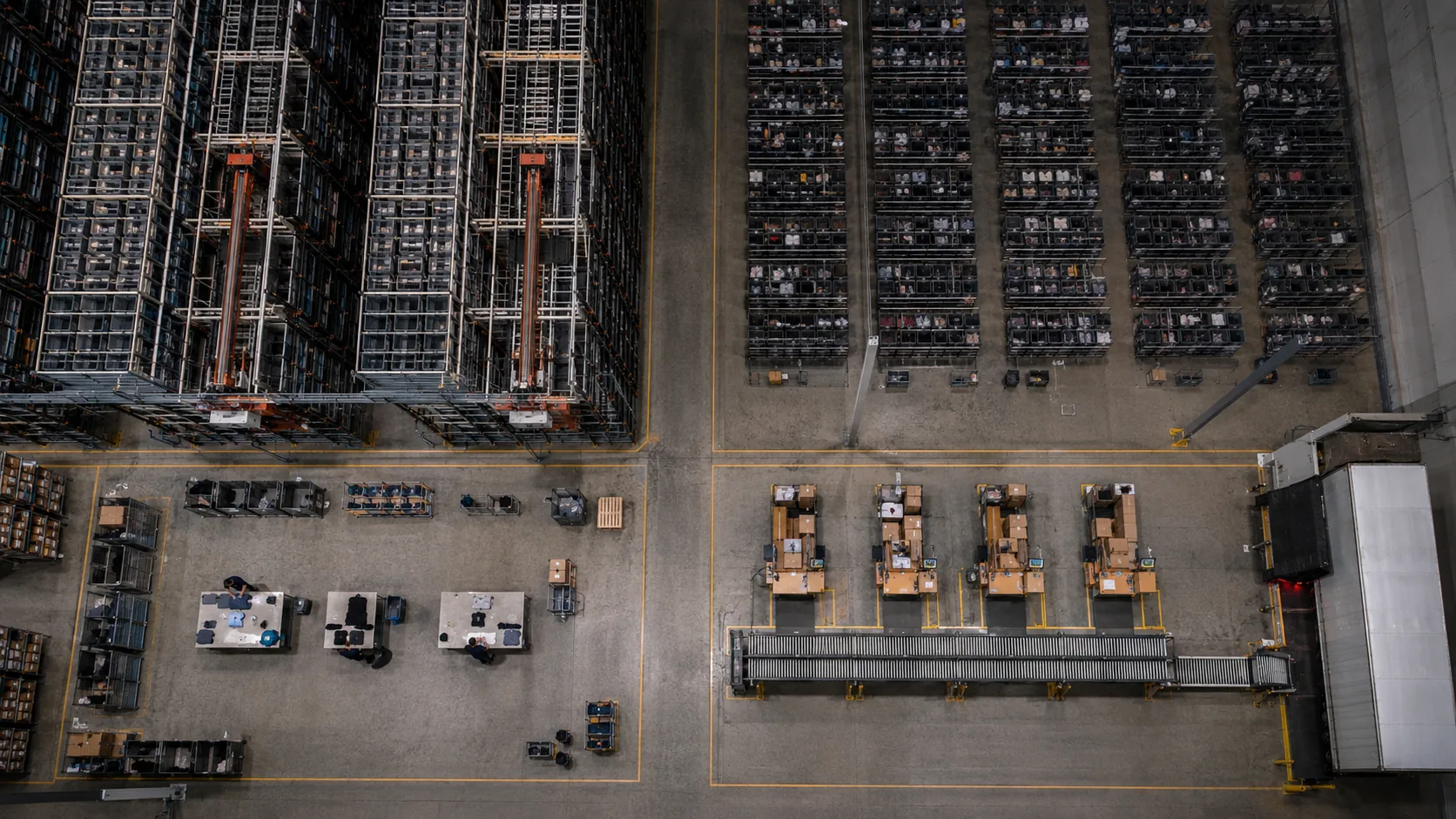 Top-down aerial view of an apparel fulfillment center showing fast-mover shuttle zone, long-tail tote storage, returns processing area, and packing stations with clear floor zone markings