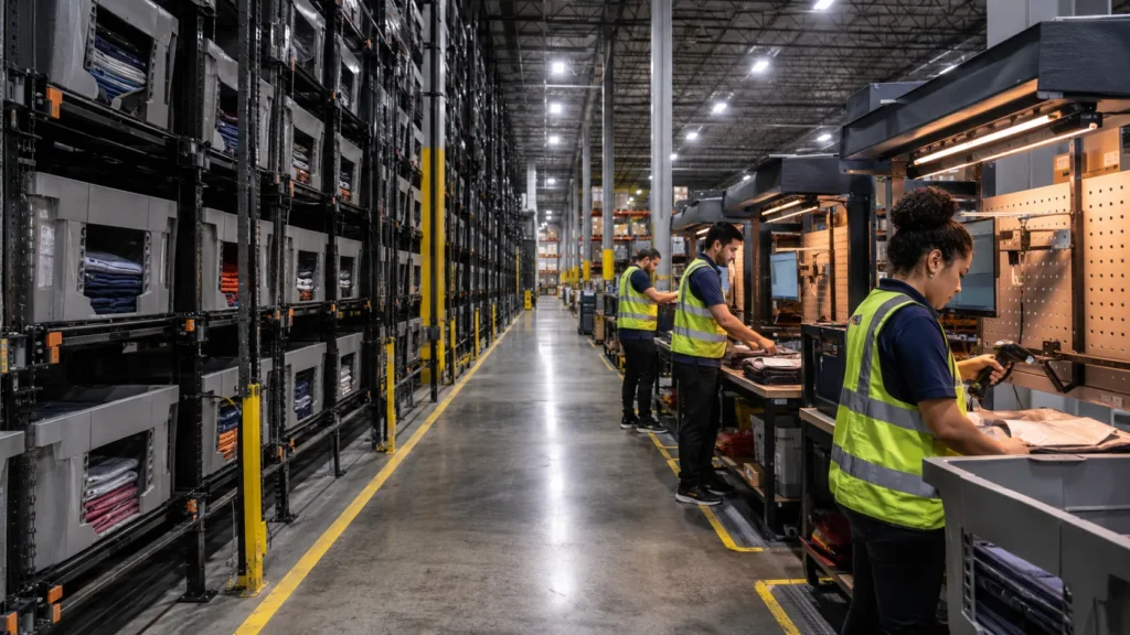 ASRS for Apparel Warehouse: Managing Fashion SKU Complexity at Scale warehouse interior showing shuttle ASRS racks holding folded garment totes with workers at goods-to-person picking stations on the right side