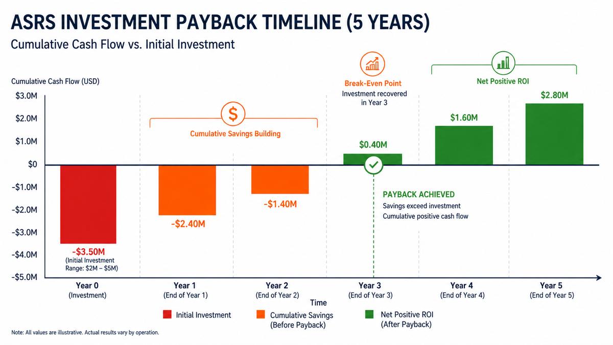 ASRS investment payback timeline showing ROI milestones over 5 years