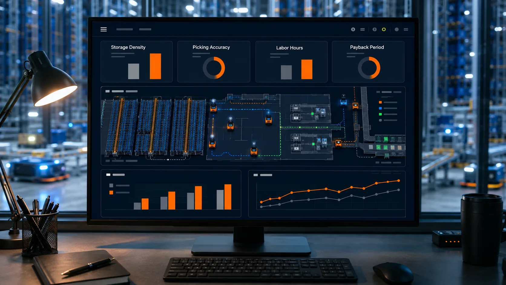 Warehouse execution dashboard showing ASRS performance metrics for storage density accuracy labor hours and payback period