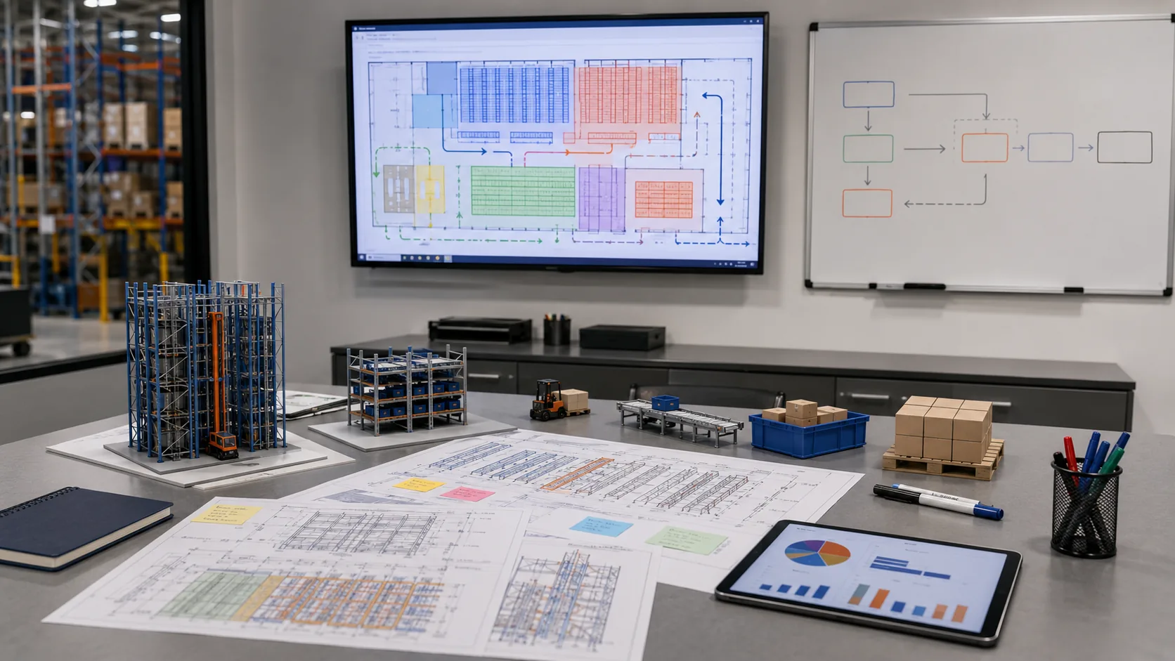 How to Choose ASRS System: A Buyer's Decision Framework ASRS selection workshop with warehouse floor plans, decision branches, ROI charts, and system layout models