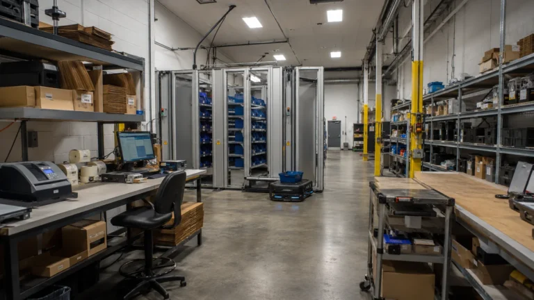 Small warehouse ASRS concept showing compact vertical storage, bin robot zone, picking station, packing area, and limited-floor-space layout