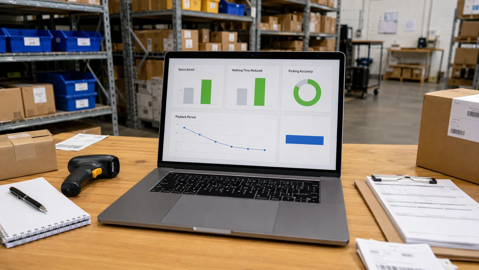 Small warehouse automation ROI dashboard showing space saved, walking time reduced, picking accuracy, and payback period