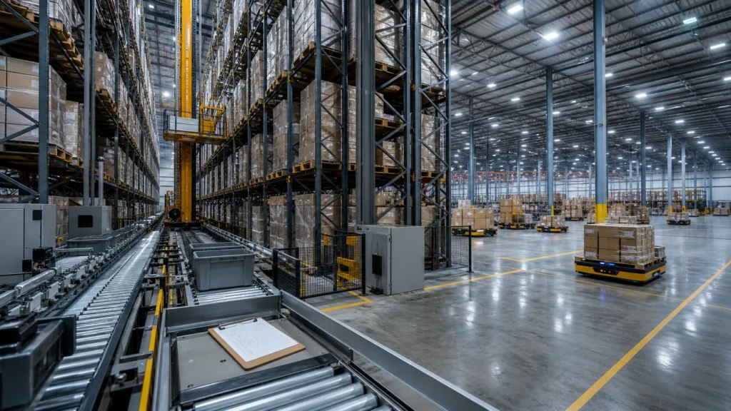 How Does an ASRS System Work? The Complete Breakdown Complete ASRS warehouse system overview showing racking, robots, conveyors, and workstations working together