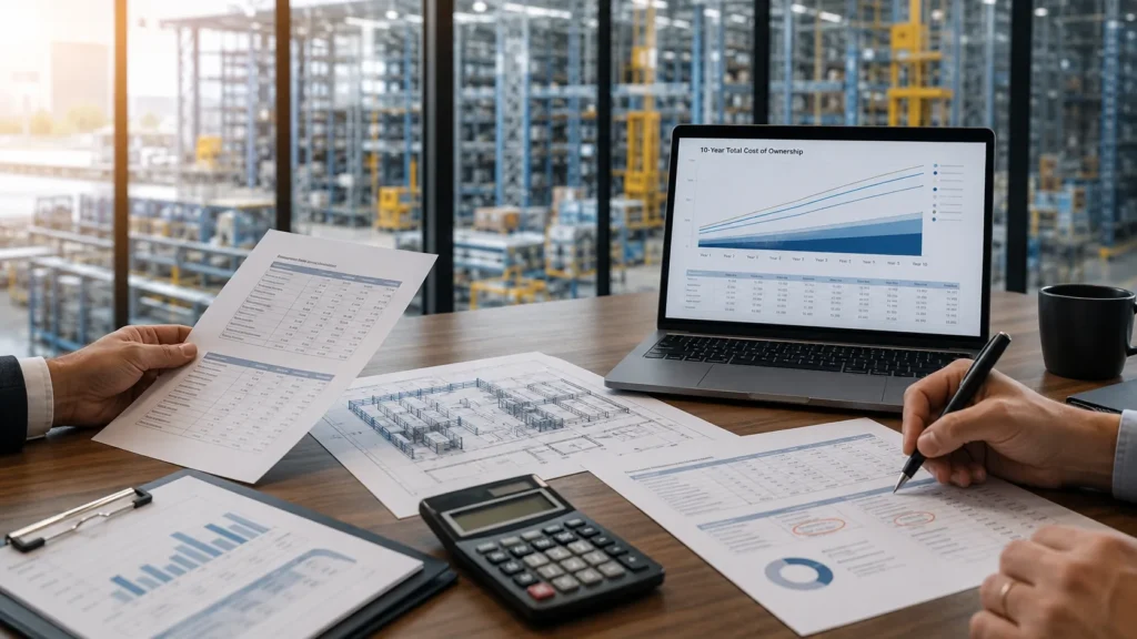 ASRS Total Cost of Ownership: What Most Vendors Won't Tell You Executive team reviewing an ASRS total cost of ownership model on a conference table with warehouse blueprint, cost sheets, and a blurred automated warehouse visible through glass