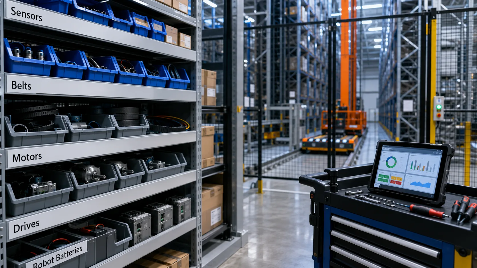 ASRS Total Cost of Ownership: What Most Vendors Won't Tell You Organized ASRS maintenance and spare parts area with labeled bins, diagnostic tablet, robot batteries, sensors, motors, and a blurred automated storage aisle in the background