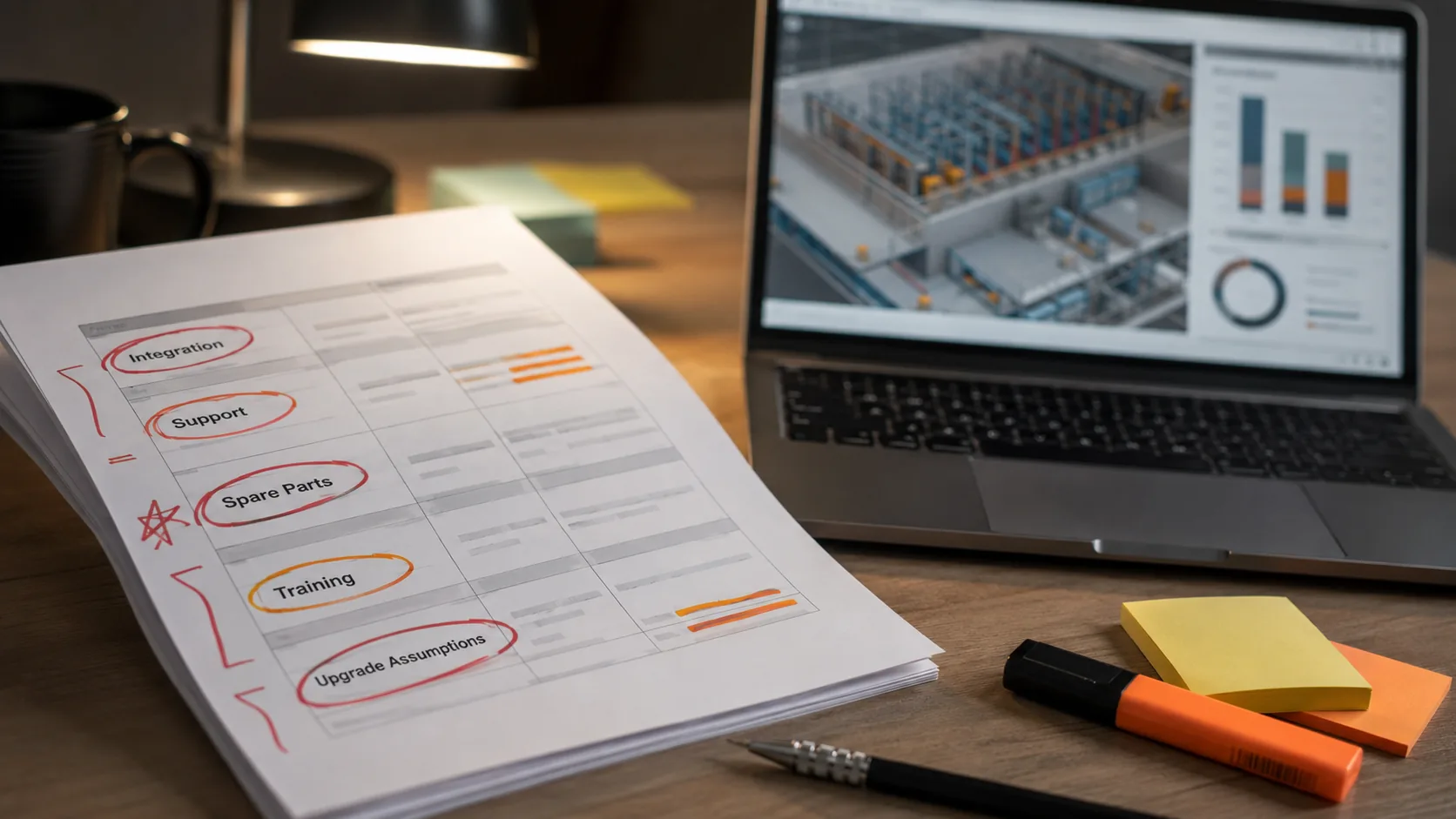 ASRS Total Cost of Ownership: What Most Vendors Won't Tell You Warehouse automation vendor proposal redline scene showing a printed quote with highlighted hidden cost categories such as integration, training, support, spare parts, and upgrade assumptions