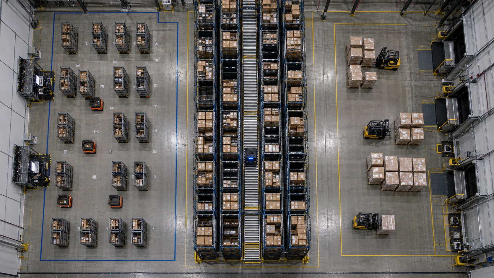 ASRS vs AMR: Choosing the Right Warehouse Automation Top-down aerial view of a fulfillment center showing AMR zone shuttle ASRS aisle and inbound dock side by side