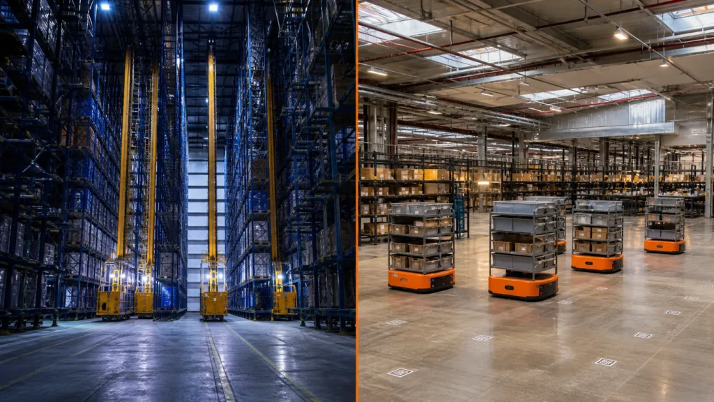 ASRS vs AMR: Choosing the Right Warehouse Automation ASRS crane aisle on the left and an AMR fleet on the right split-screen comparison of two warehouse automation styles