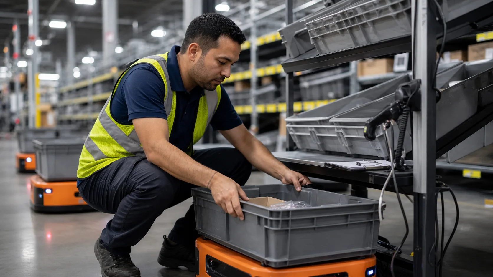 ASRS vs AMR: Choosing the Right Warehouse Automation A worker placing a tote onto a low orange AMR at a goods-to-person picking station
