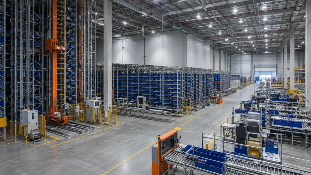 ASRS Warehouse: Systems, Layouts & Automation Examples Wide-angle ASRS warehouse interior showing high-bay racks, shuttle aisles, pallet storage, conveyors, and goods-to-person picking stations in one coordinated layout