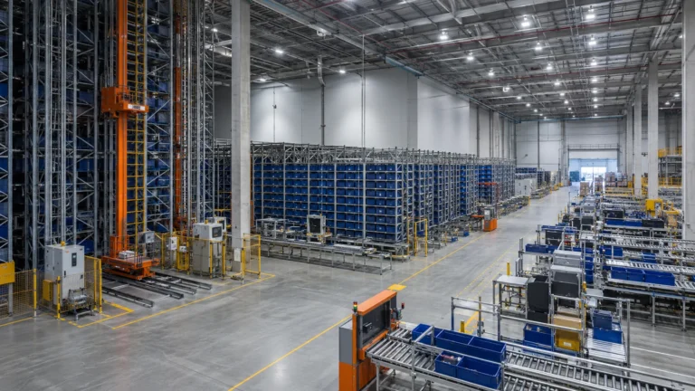 Wide-angle ASRS warehouse interior showing high-bay racks, shuttle aisles, pallet storage, conveyors, and goods-to-person picking stations in one coordinated layout