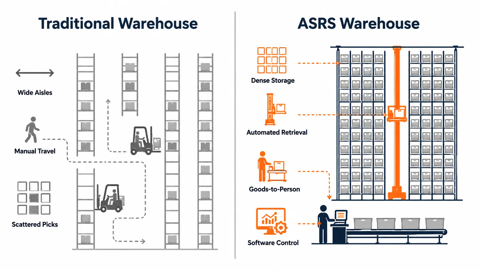 Side-by-side comparison infographic showing a traditional forklift warehouse on the left and an ASRS warehouse with dense racks and goods-to-person stations on the right