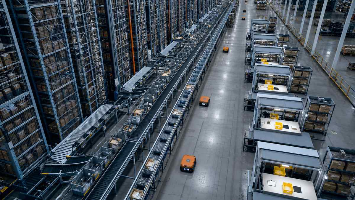 Aerial view of an automated warehouse with ASRS racking and robotic systems