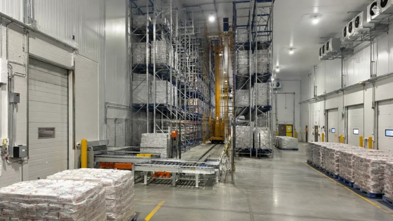 Cold storage ASRS warehouse with high-bay freezer racks, pallet crane aisles, insulated doors, conveyors, and staged frozen goods ready for outbound shipping