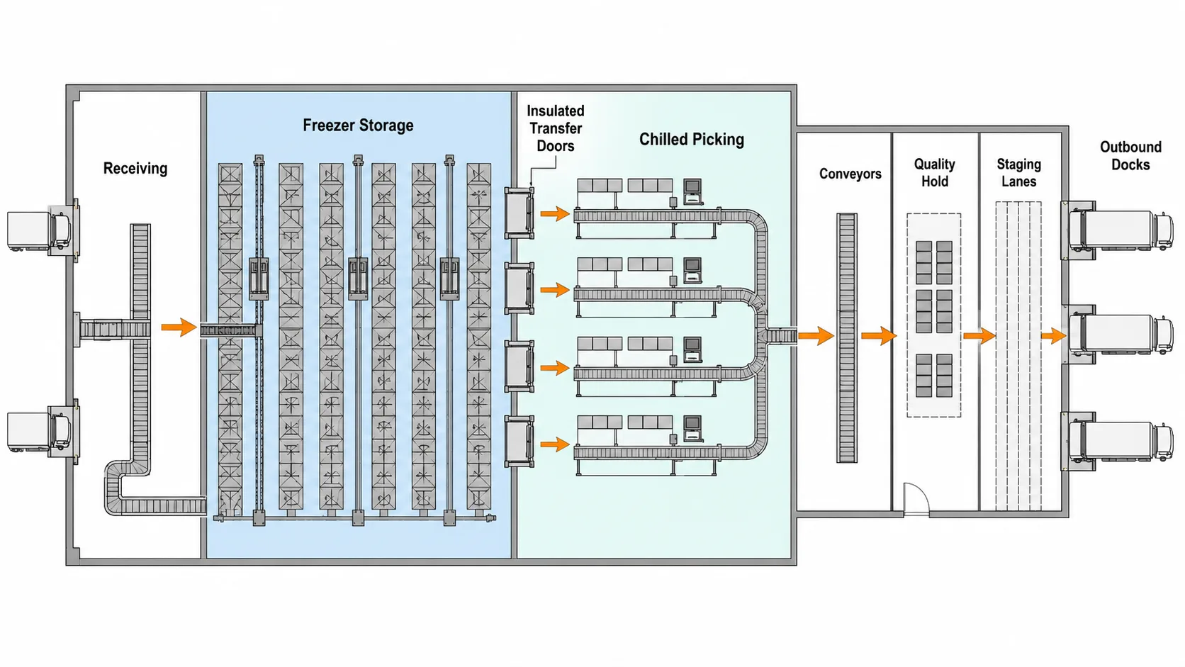 Cold Storage ASRS: Automation in Sub-Zero Warehouses Cold storage ASRS layout showing freezer storage zone, chilled picking area, insulated transfer doors, conveyors, staging lanes, and outbound docks