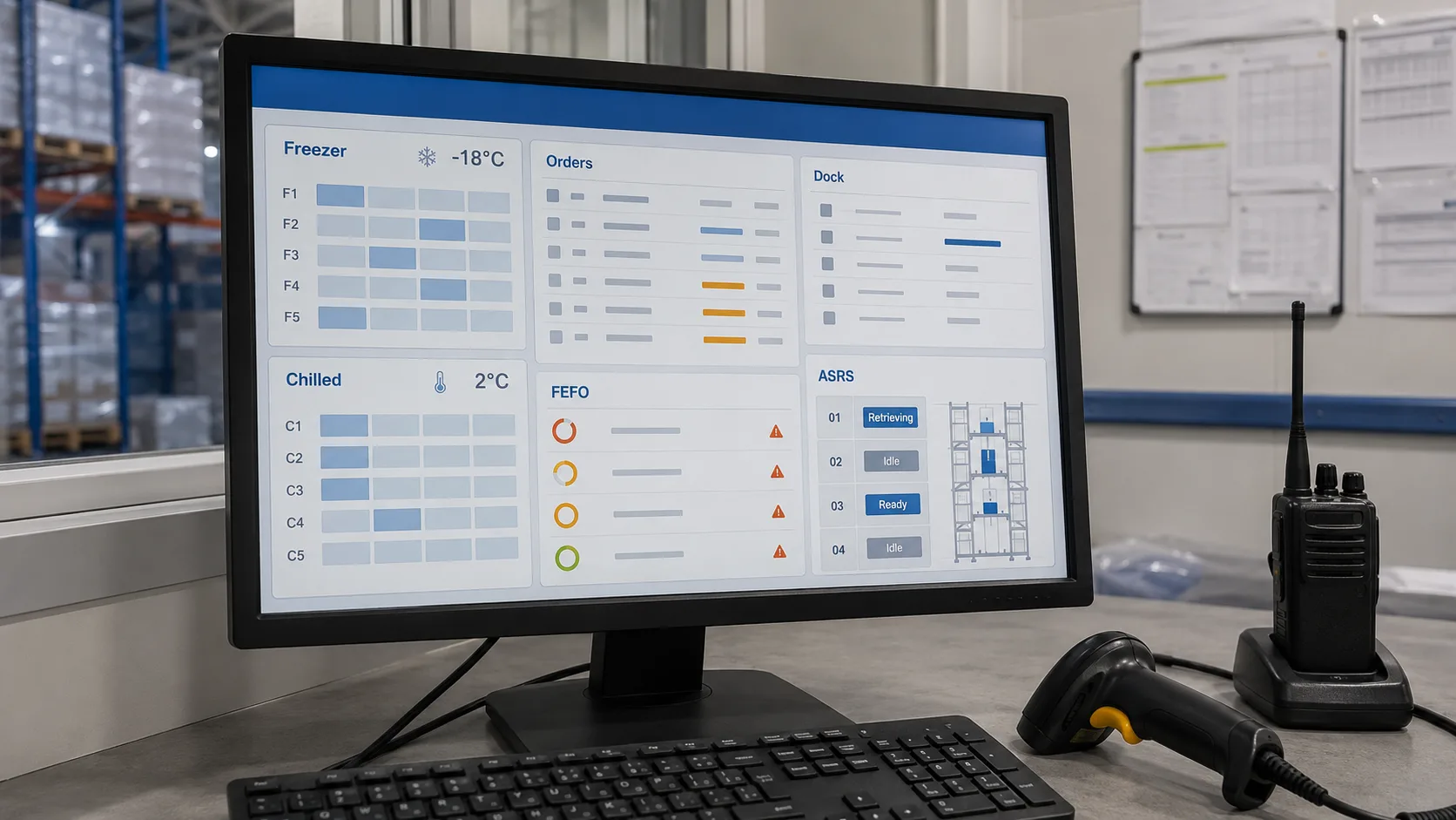 Cold Storage ASRS: Automation in Sub-Zero Warehouses Cold storage WES dashboard showing temperature-zone inventory, FEFO priority, ASRS retrieval status, and outbound dock sequencing
