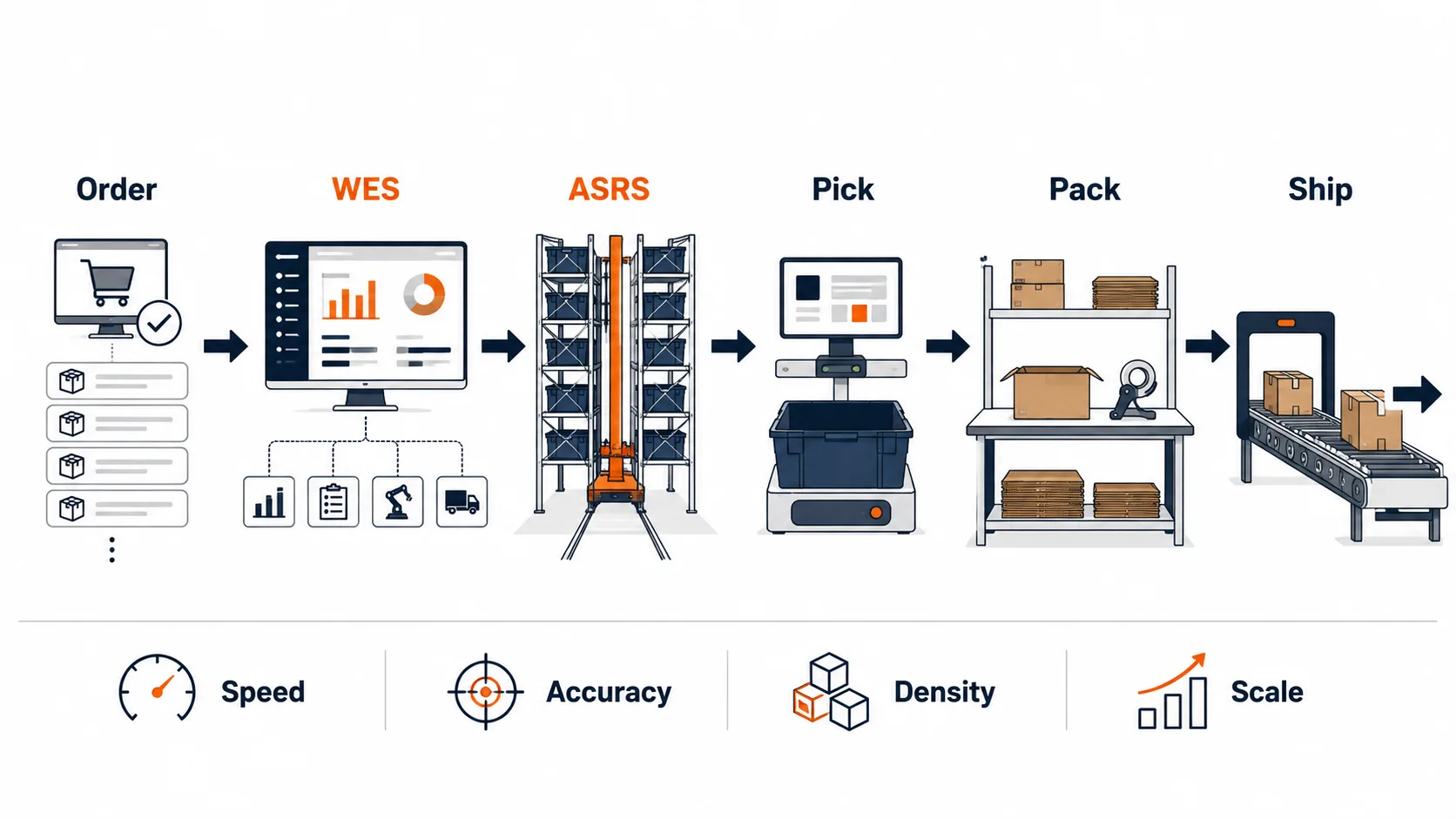 Workflow infographic showing Order WES ASRS Pick Pack and Ship stages for e-commerce fulfillment