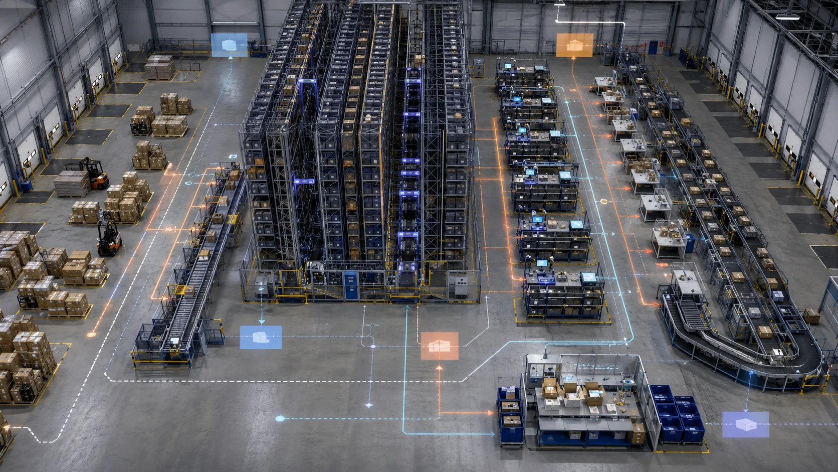 Aerial view of a multi-zone e-commerce fulfillment center connecting inbound ASRS storage picking returns packing and outbound sortation