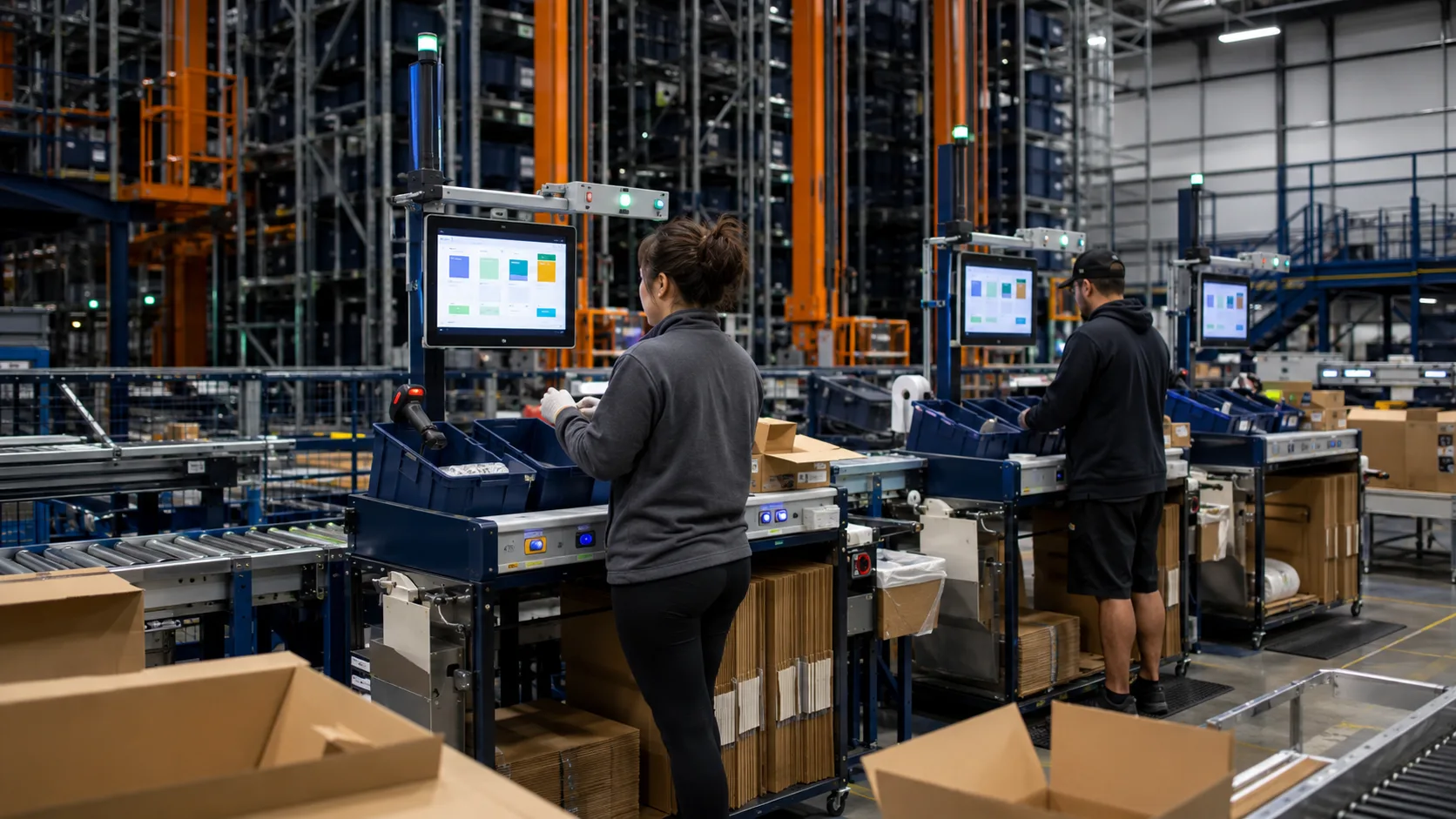 ASRS-powered goods-to-person picking area during a high-volume e-commerce order wave