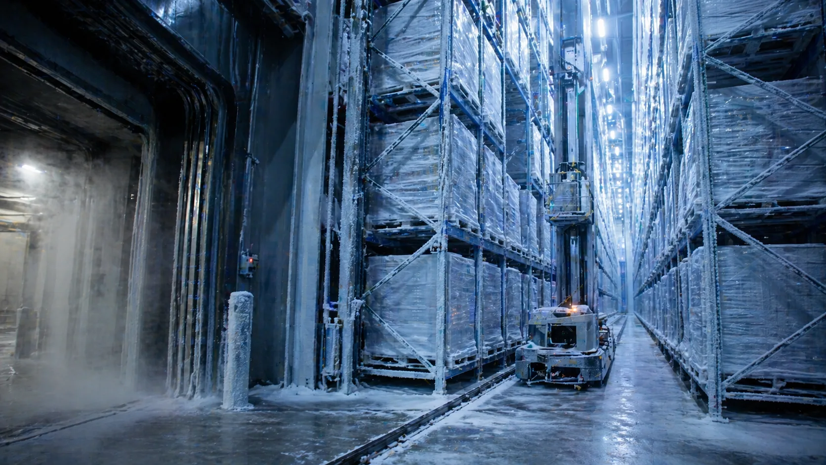 Pallet ASRS: The Complete Guide to Pallet Automated Storage and Retrieval Systems Pallet ASRS crane operating in cold storage freezer environment