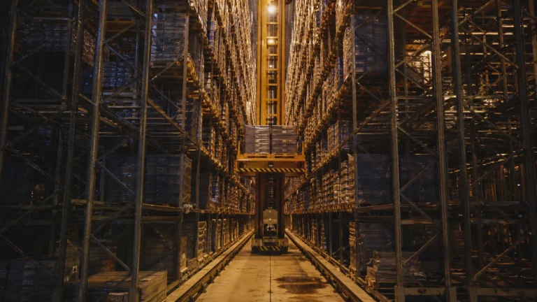 Stacker crane operating in high-bay pallet ASRS aisle