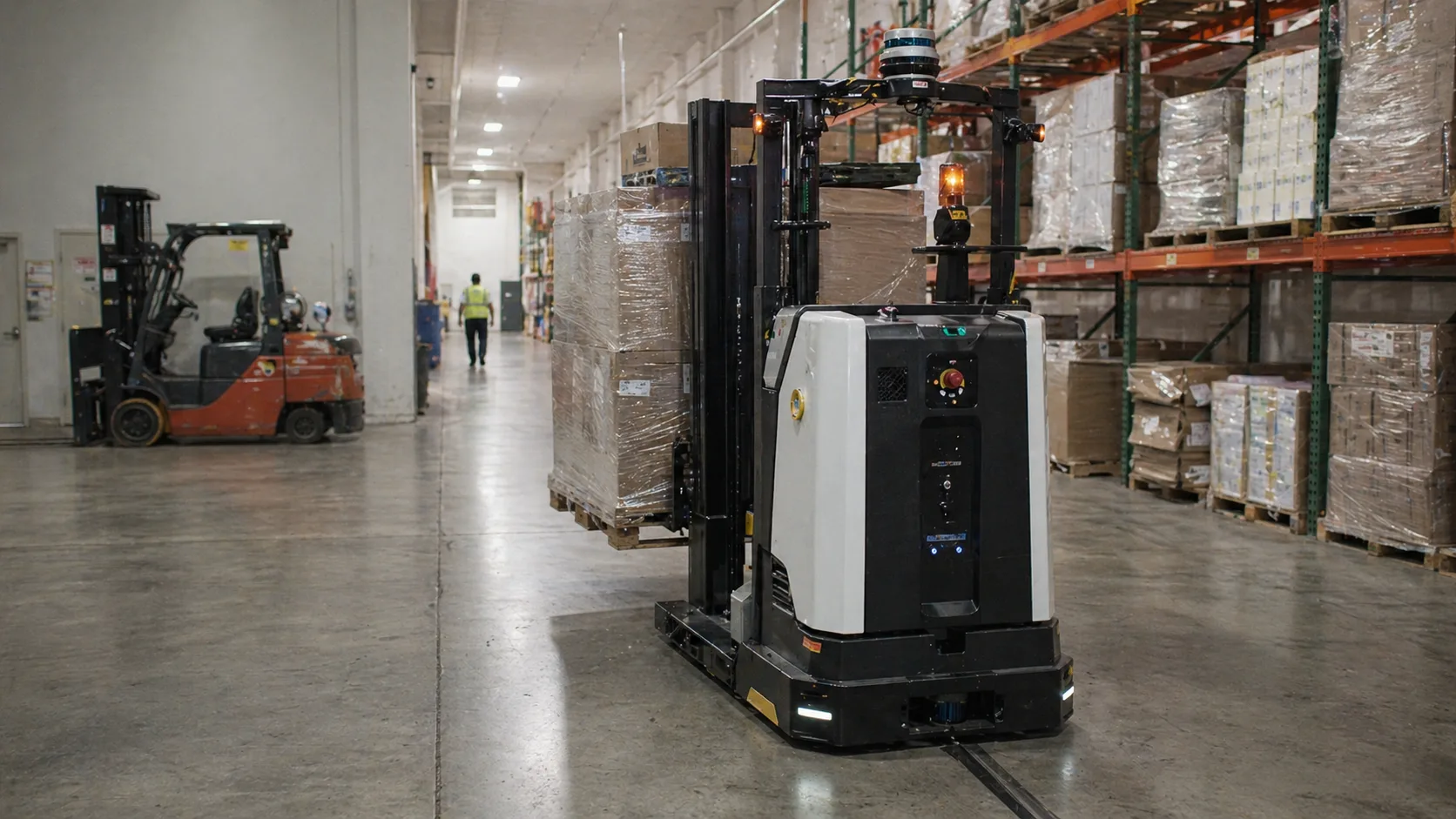 Pallet ASRS: The Complete Guide to Pallet Automated Storage and Retrieval Systems AGV transporting pallets in warehouse