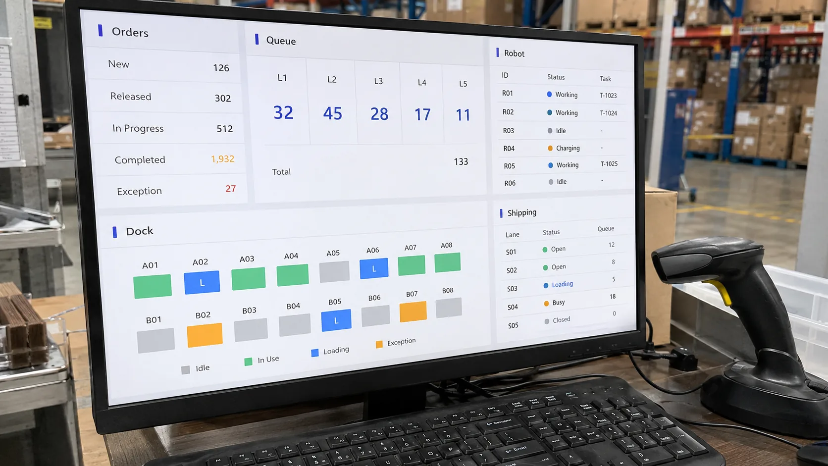 Peak Season Warehouse Automation: How WES Prevents Congestion Peak season warehouse bottleneck dashboard showing order release rate, ASRS queue depth, packing backlog, robot utilization, and carrier cutoff risk