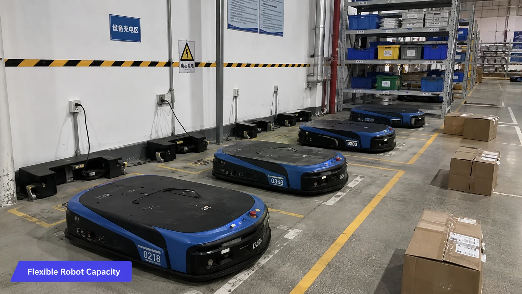 Peak Season Warehouse Automation: How WES Prevents Congestion Temporary mobile robot capacity being added to a warehouse peak-season operation with charging stations, staging lanes, and WES task dispatch visible on supervisor tablets
