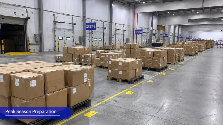 Peak season warehouse operations center showing WES dispatch dashboard, order backlog alerts, robot fleet status, and outbound dock capacity during a high-volume ecommerce promotion